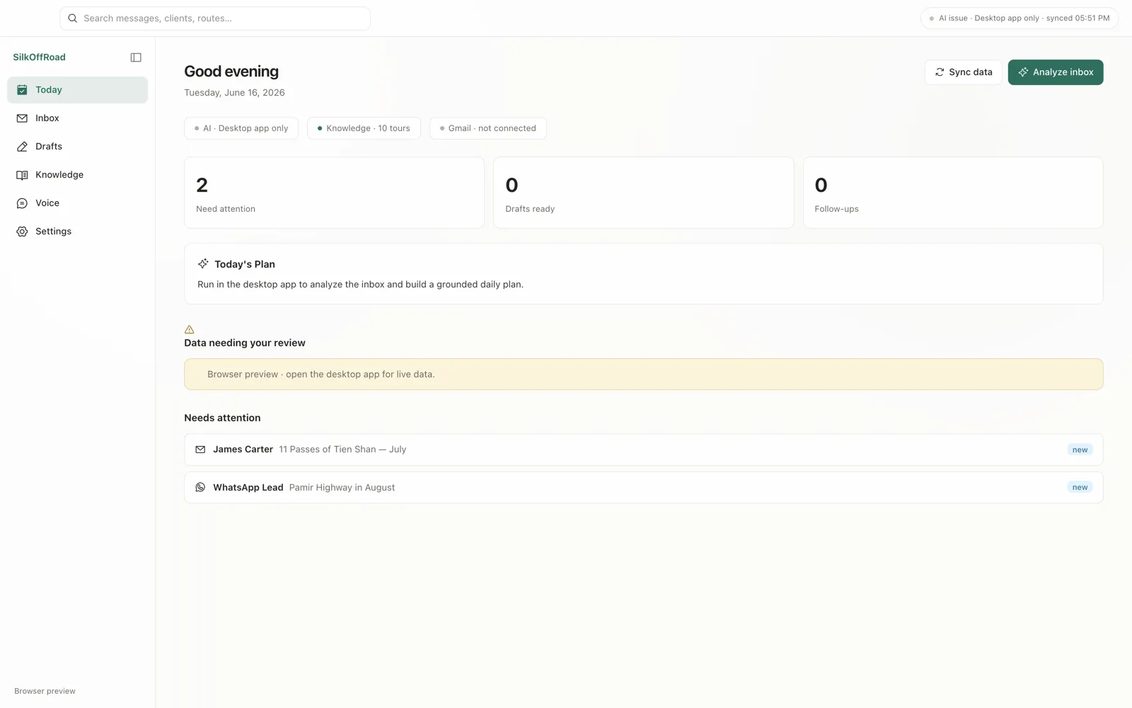 SilkOffRoad AI Agent — the Today dashboard with daily plan and items needing attention