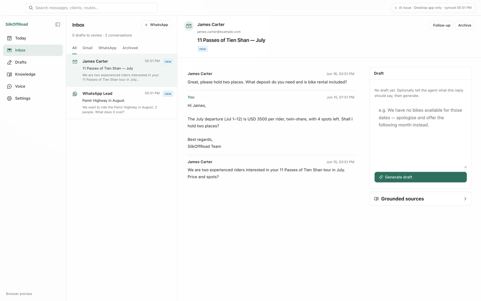 SilkOffRoad AI Agent — inbox with a client thread and a grounded draft reply quoting real tour facts