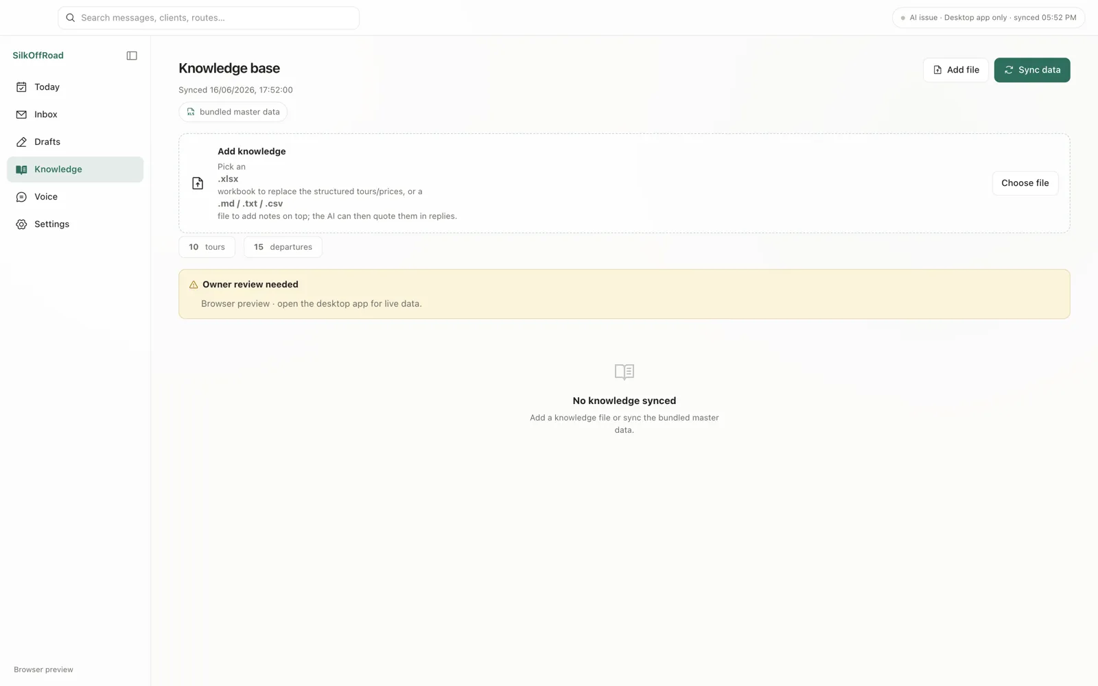 SilkOffRoad AI Agent — the grounded knowledge base of ten tours and fifteen departures