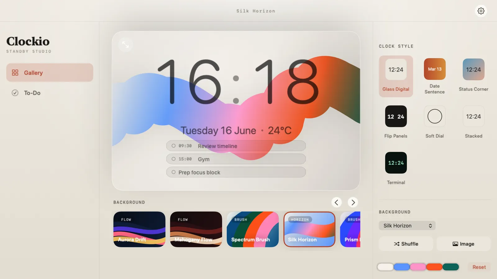 Clockio — digital clock with the integrated to-do list on a silk background