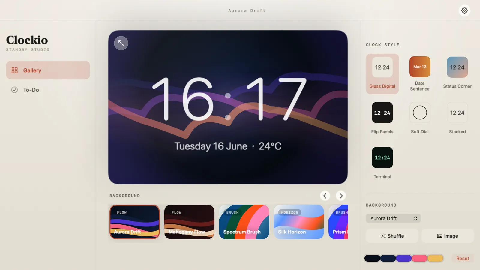 Clockio — the gallery view with a live clock face, style picker, and background presets