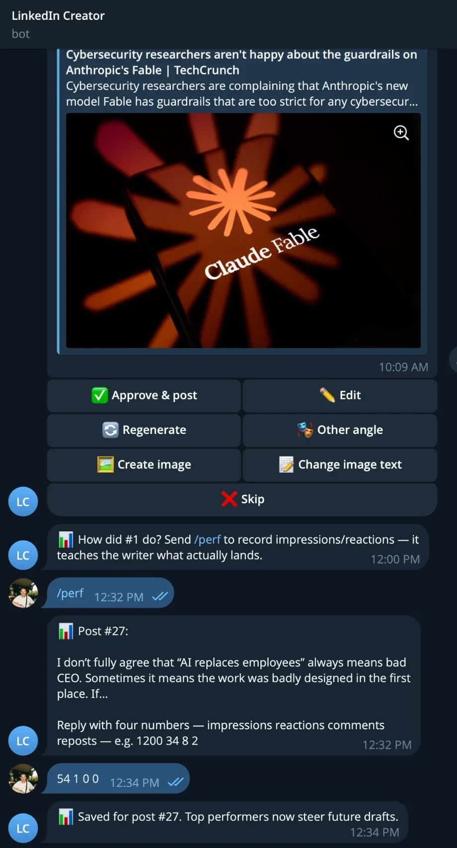 The review controls — approve & post, edit, regenerate, other angle, create image — and the /perf loop that records each post's impressions to steer future drafts