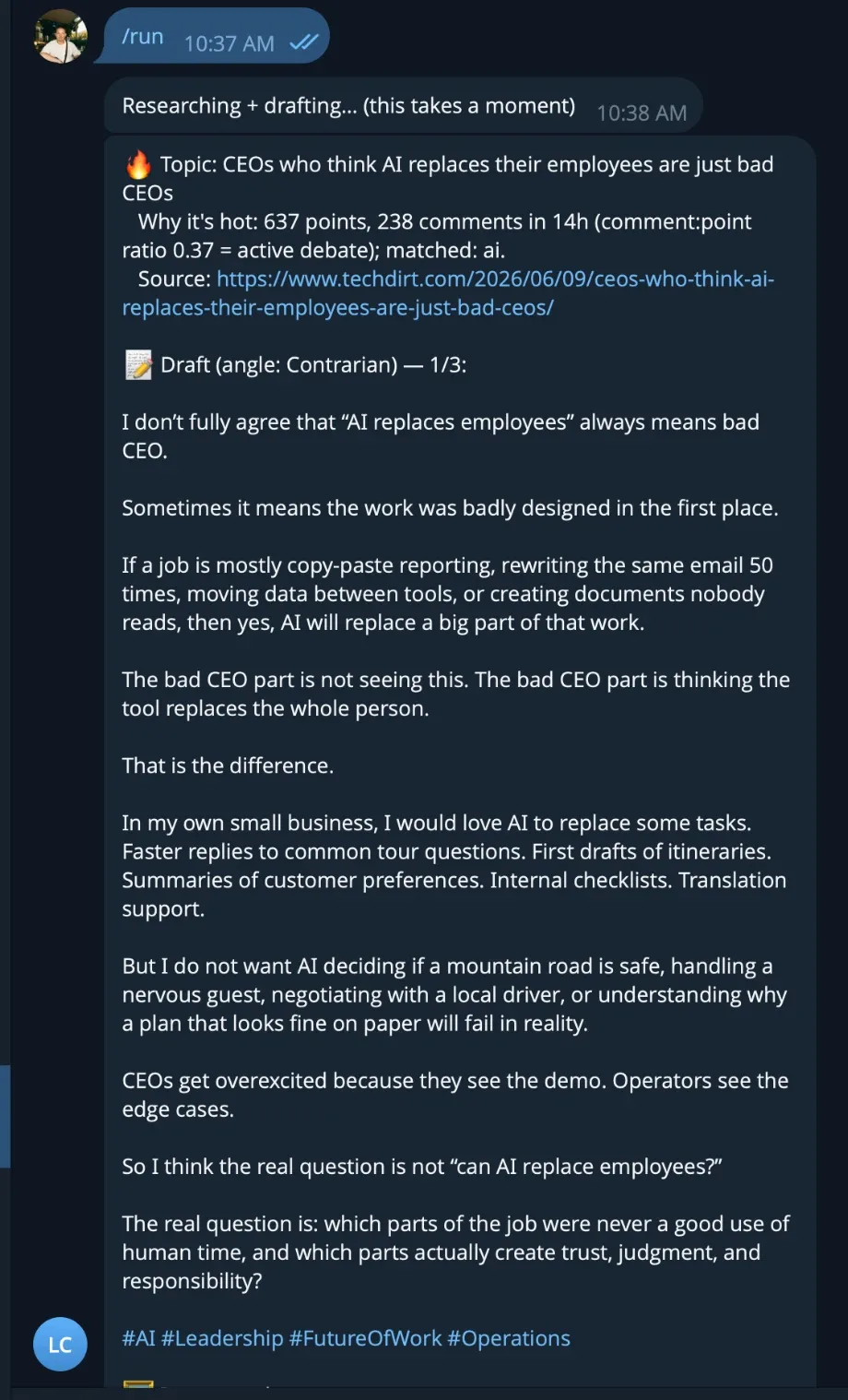 The Telegram bot on /run: ranking a trending AI topic from research, then drafting a contrarian, voice-matched LinkedIn post