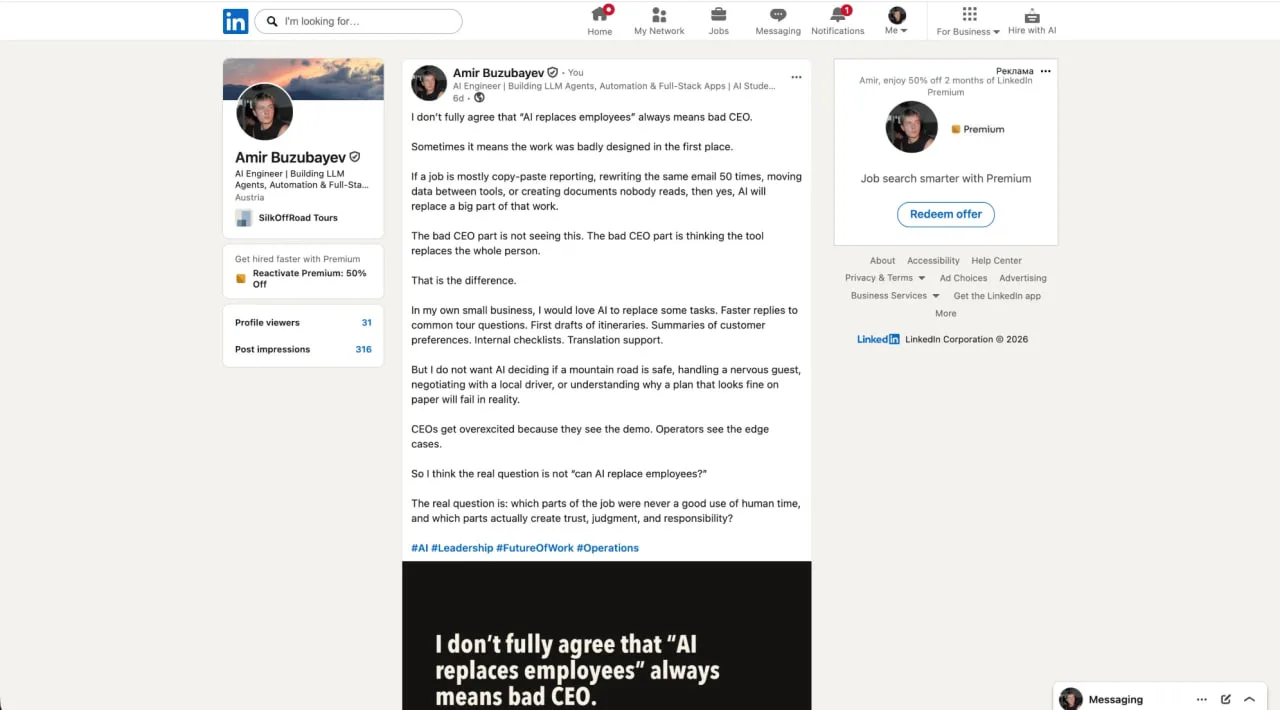 A LinkedIn post the agent drafted and published, shown on Amir's profile with 316 post impressions