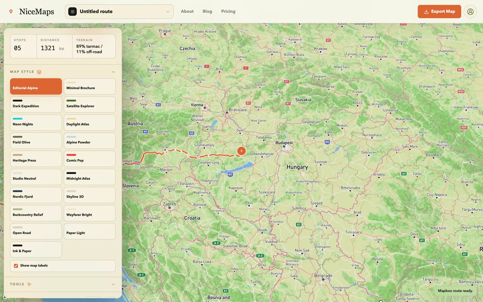 NiceMaps studio — a composed multi-stop route on a styled map, with the palette picker