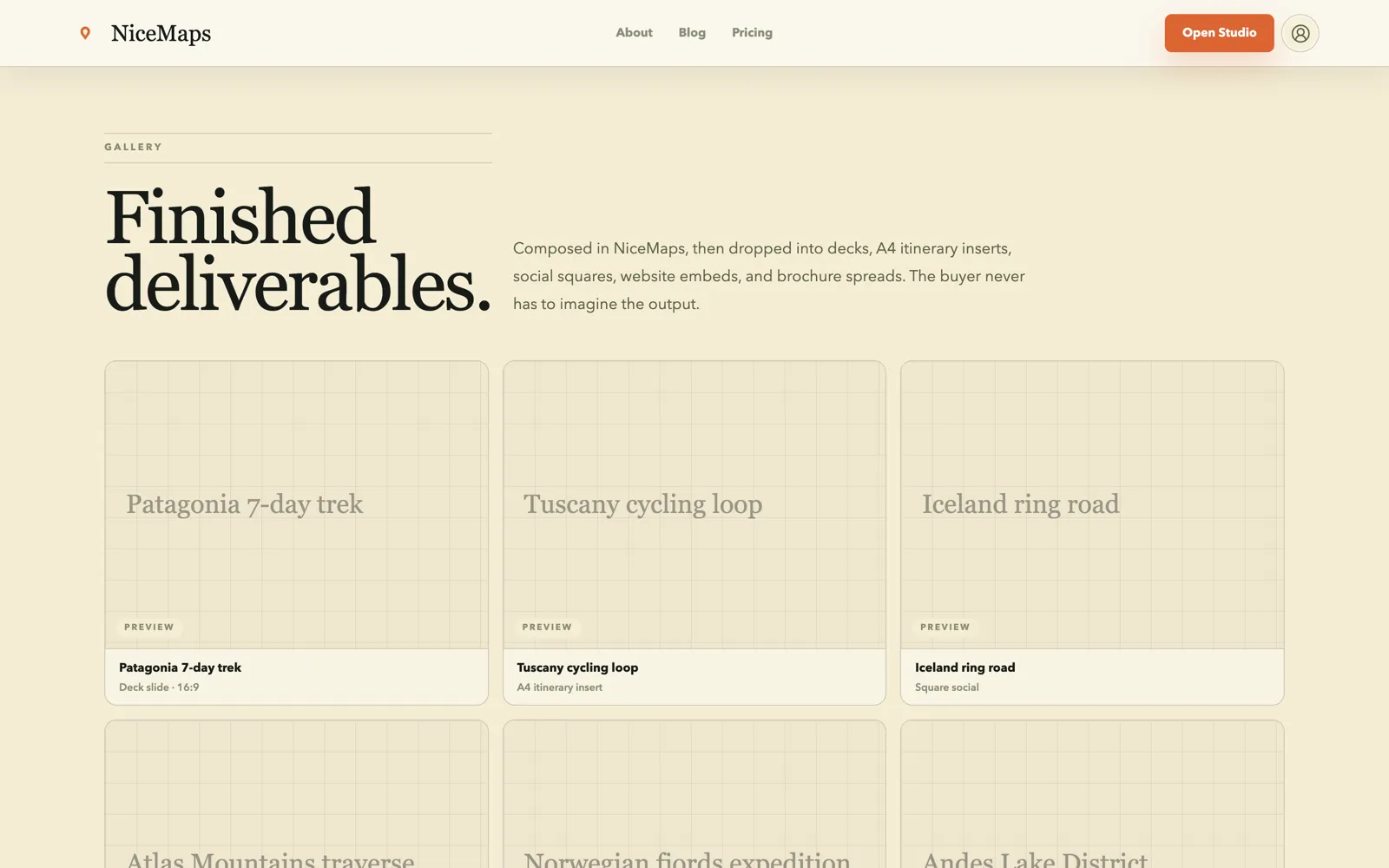 NiceMaps — finished deliverables for decks, itineraries, and embeds