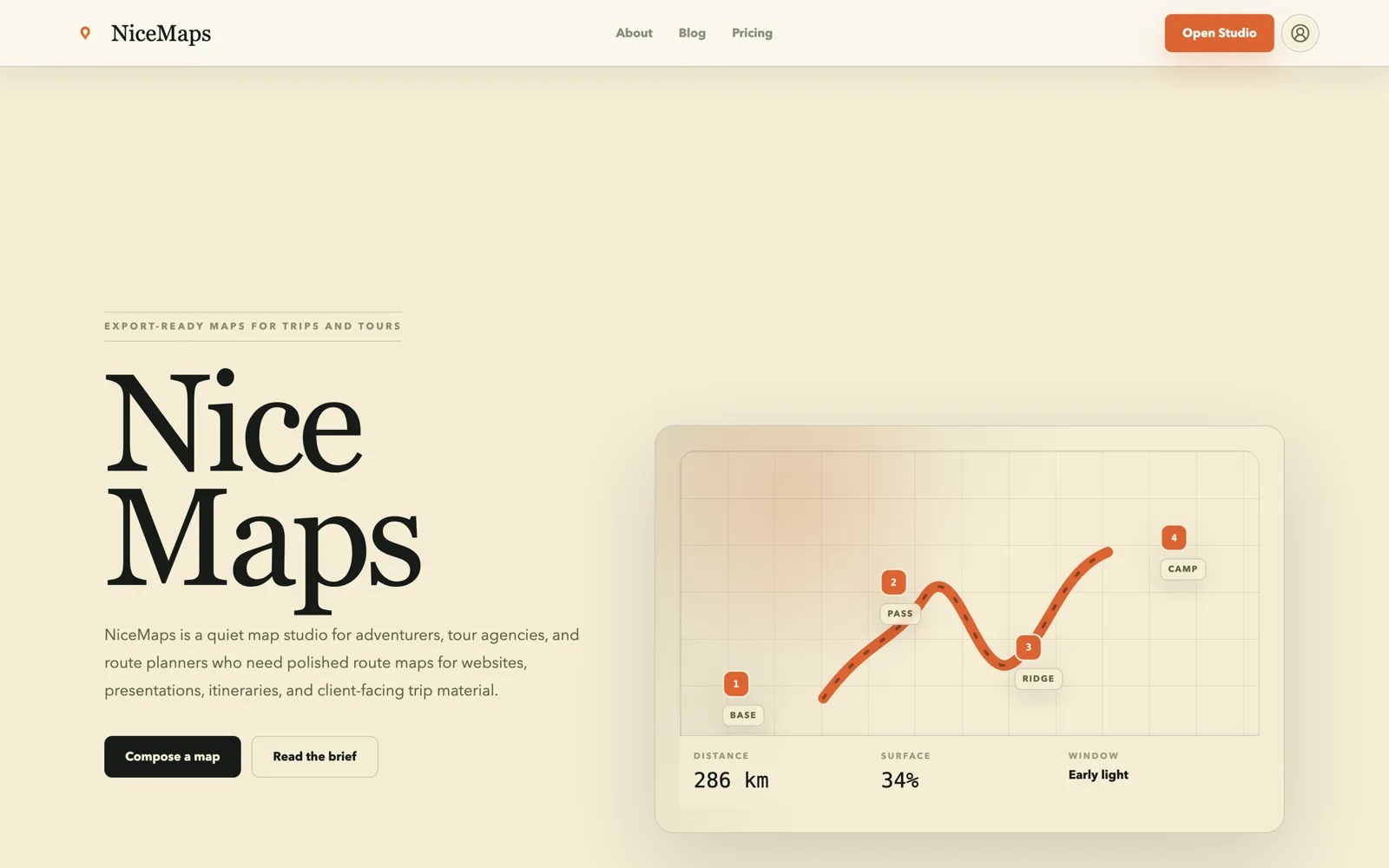 NiceMaps landing page — export-ready maps for trips and tours