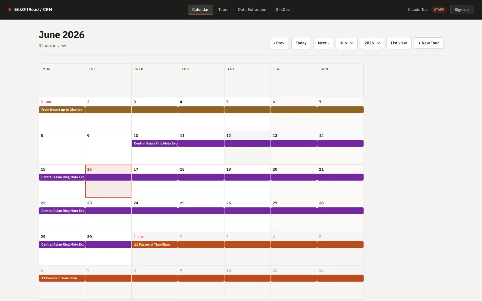 SilkCRM — the tour calendar showing departures across the season
