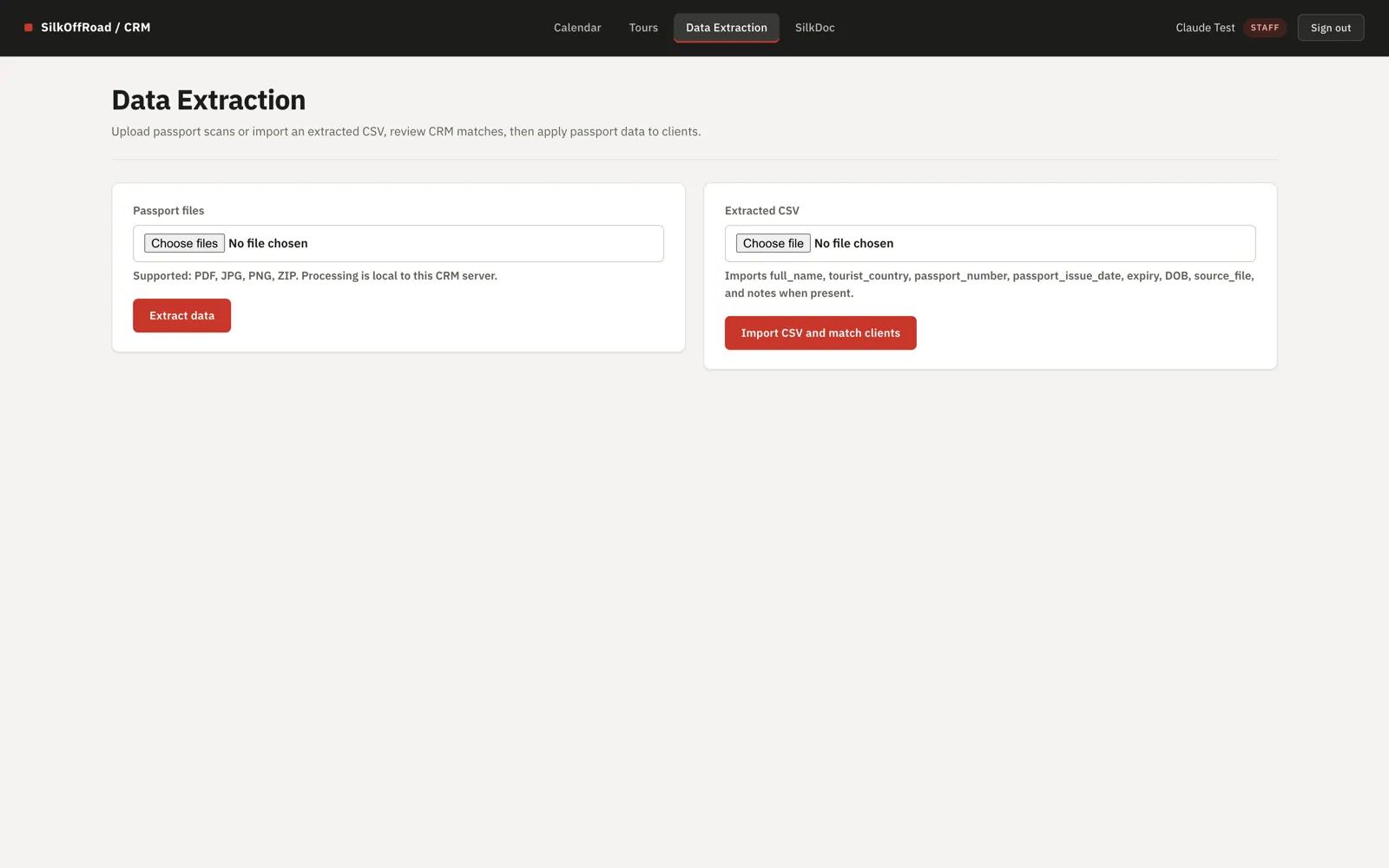 SilkCRM — the Data Extraction page: upload passport scans, review CRM matches, then apply the data to client records