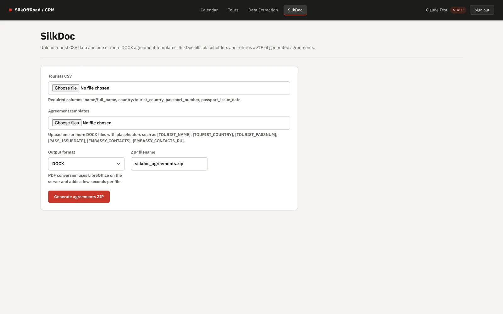 SilkCRM — SilkDoc generates agreements from a tourist CSV and DOCX templates, exporting a ZIP